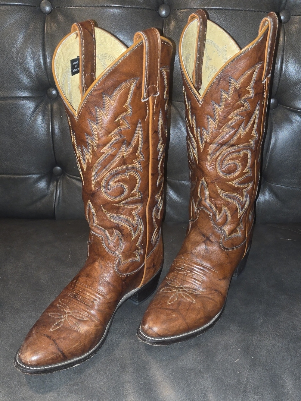 Justin men's Tan Leather Embroidered Western Cowboy Boots